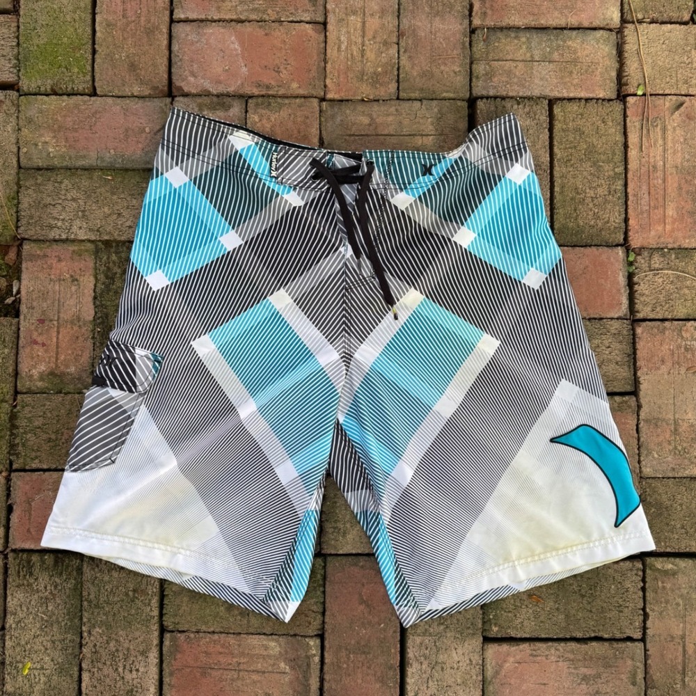 Hurley Board Shorts Mens 36 Teal Black White Geometric Plaid Swim Trunks Y2K